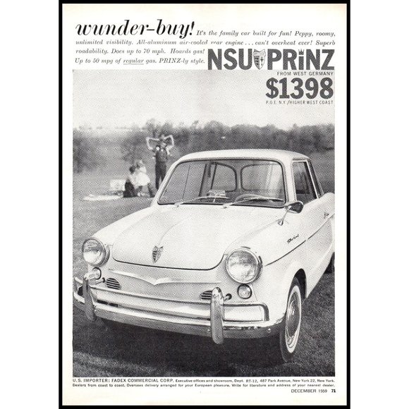 1960 NSU Prinz 2 Door Family Car Vintage Print Ad West Germany Picnic Park Art - Picture 1 of 1